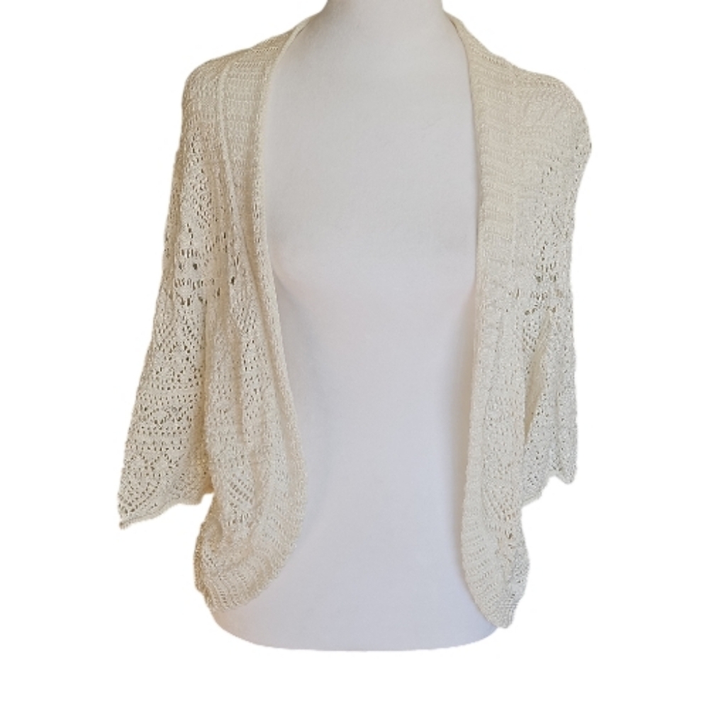 JM Collection Cream Mixed Stitch Crocheted  Shrug